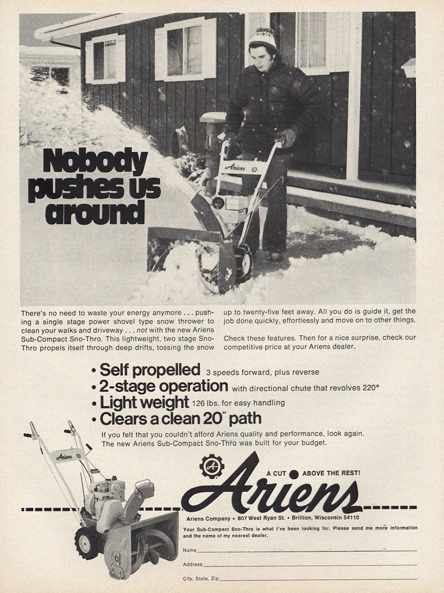 1977 Ariens Sno Thro: Nobody Pushes Us Around Vintage Print Ad