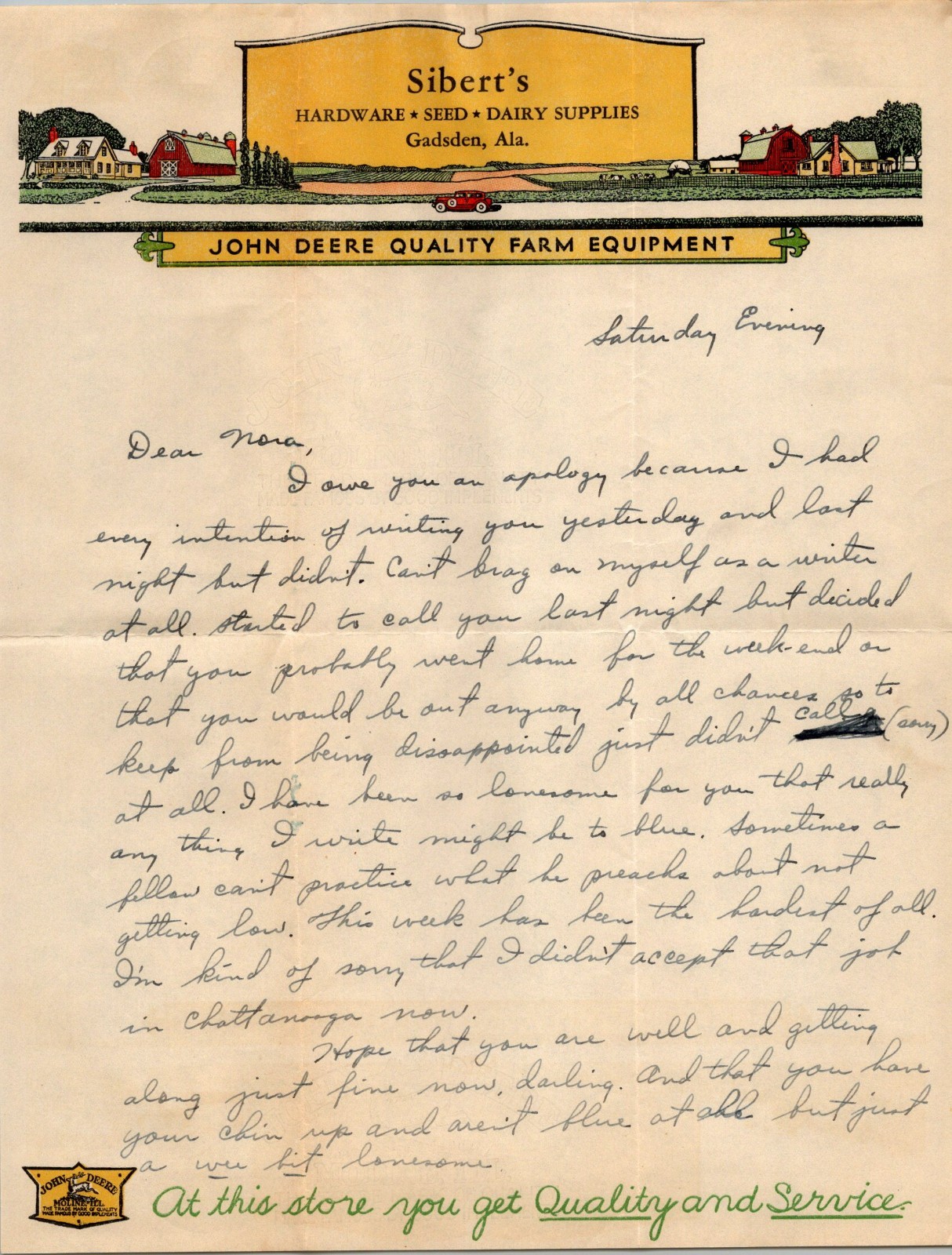 1936 John Deere Farm Equipment Sibert&rsquo;s Hardware Gadsden Al Letterhead & Cover