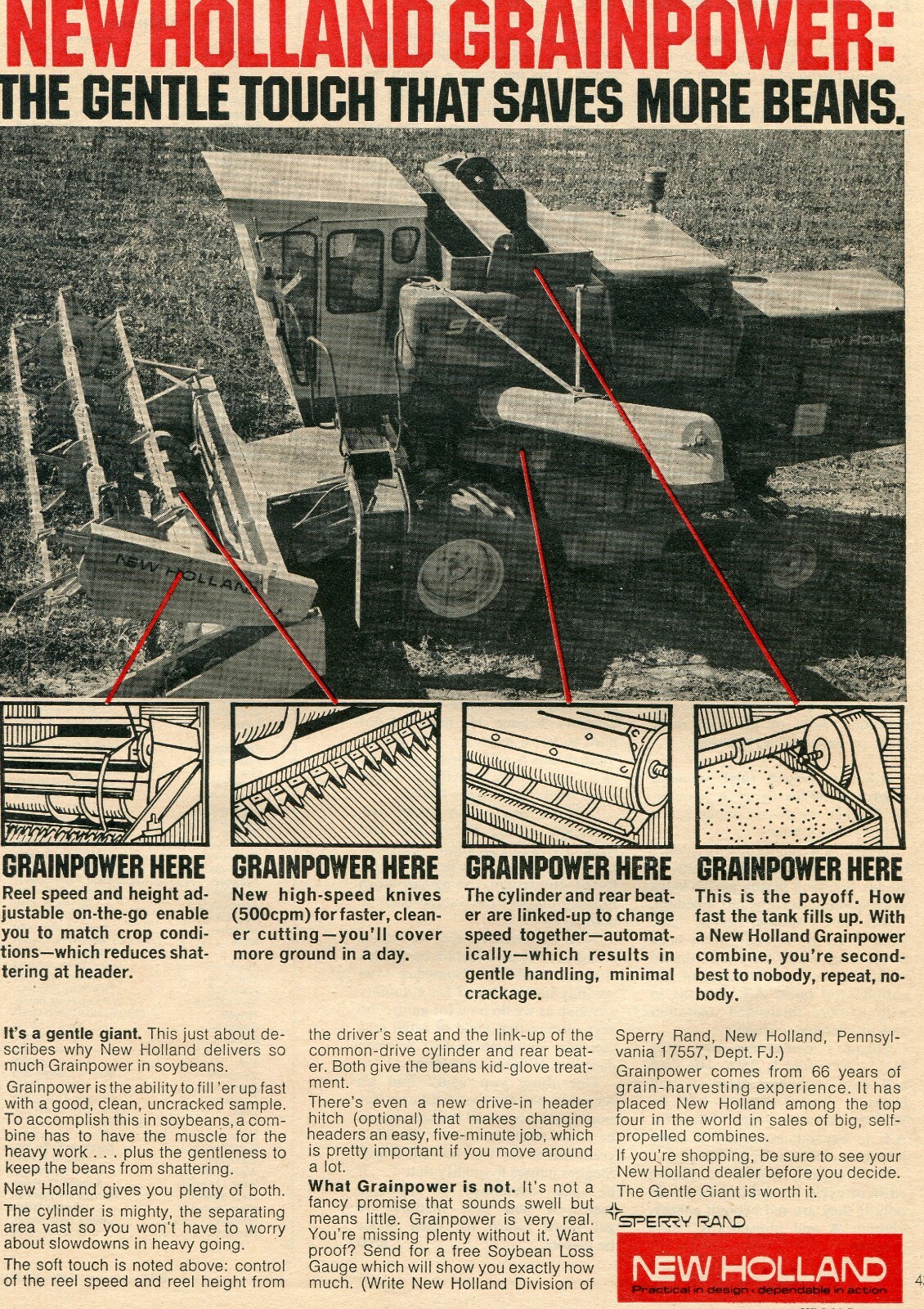 1972 Print Ad of Sperry Rand New Holland NH 975 Grainpower Combine Tractor