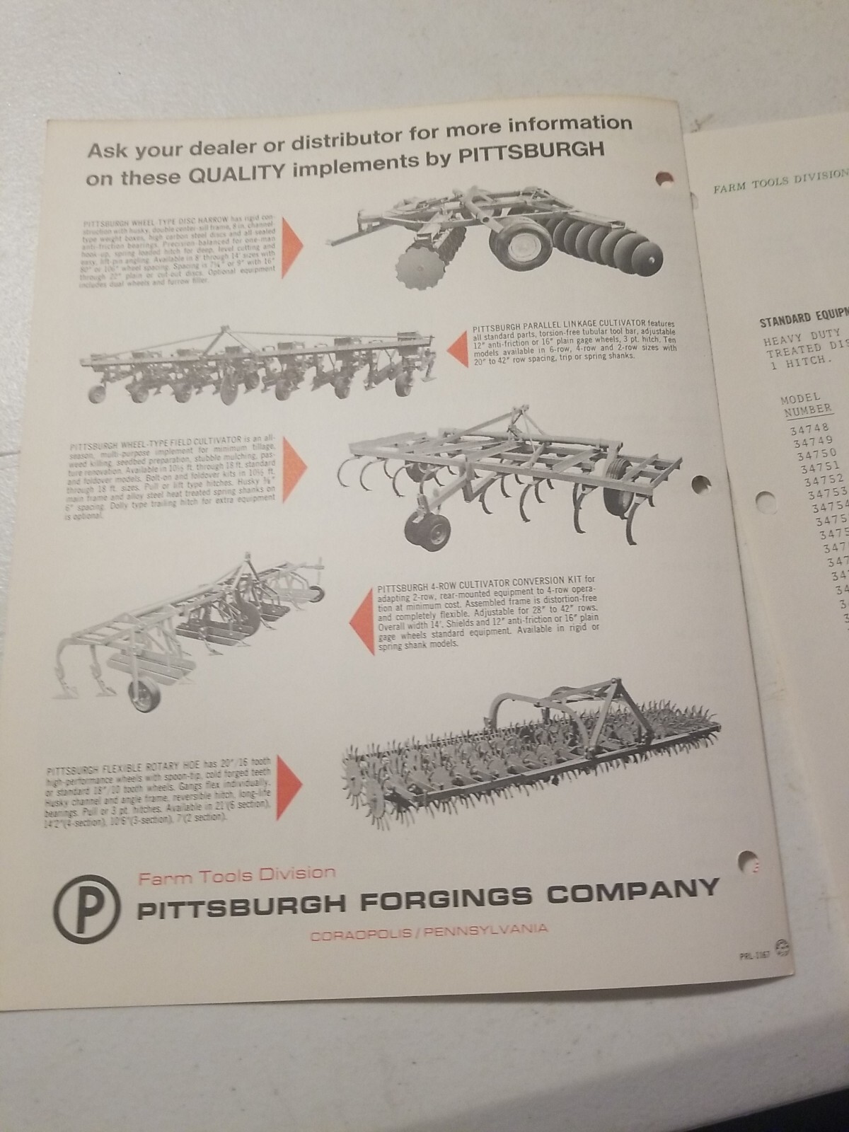 1970 PITTSBURGH FORGINGS CO. RIGID MOUNTED DISC HARROWS BROCHURE &PRICE LIST