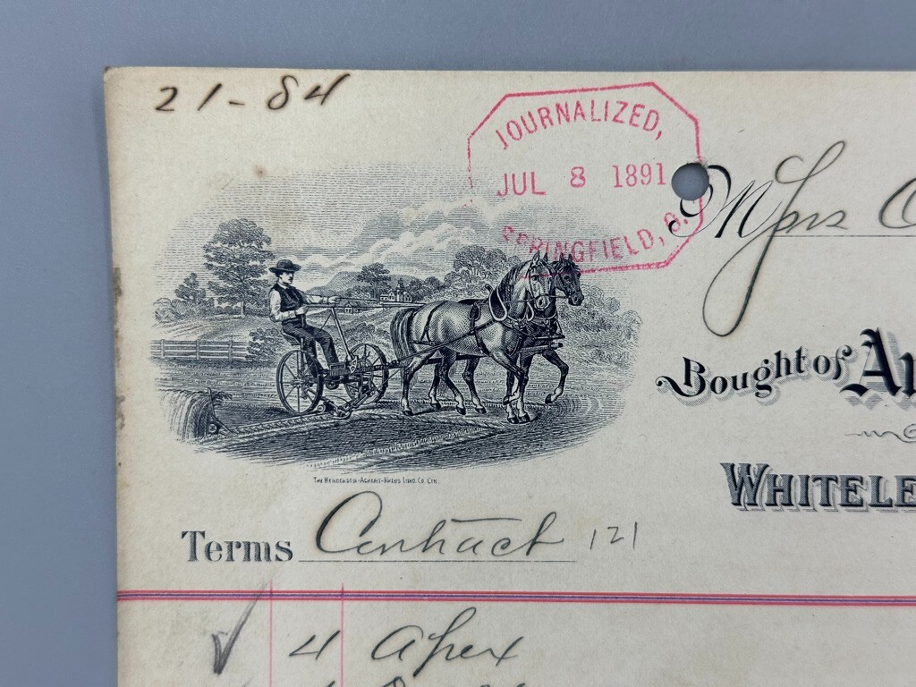 1891 WHITELY HARVESTING Machinery FARM ADVERTISING Billhead SPRINGFIELD Ohio