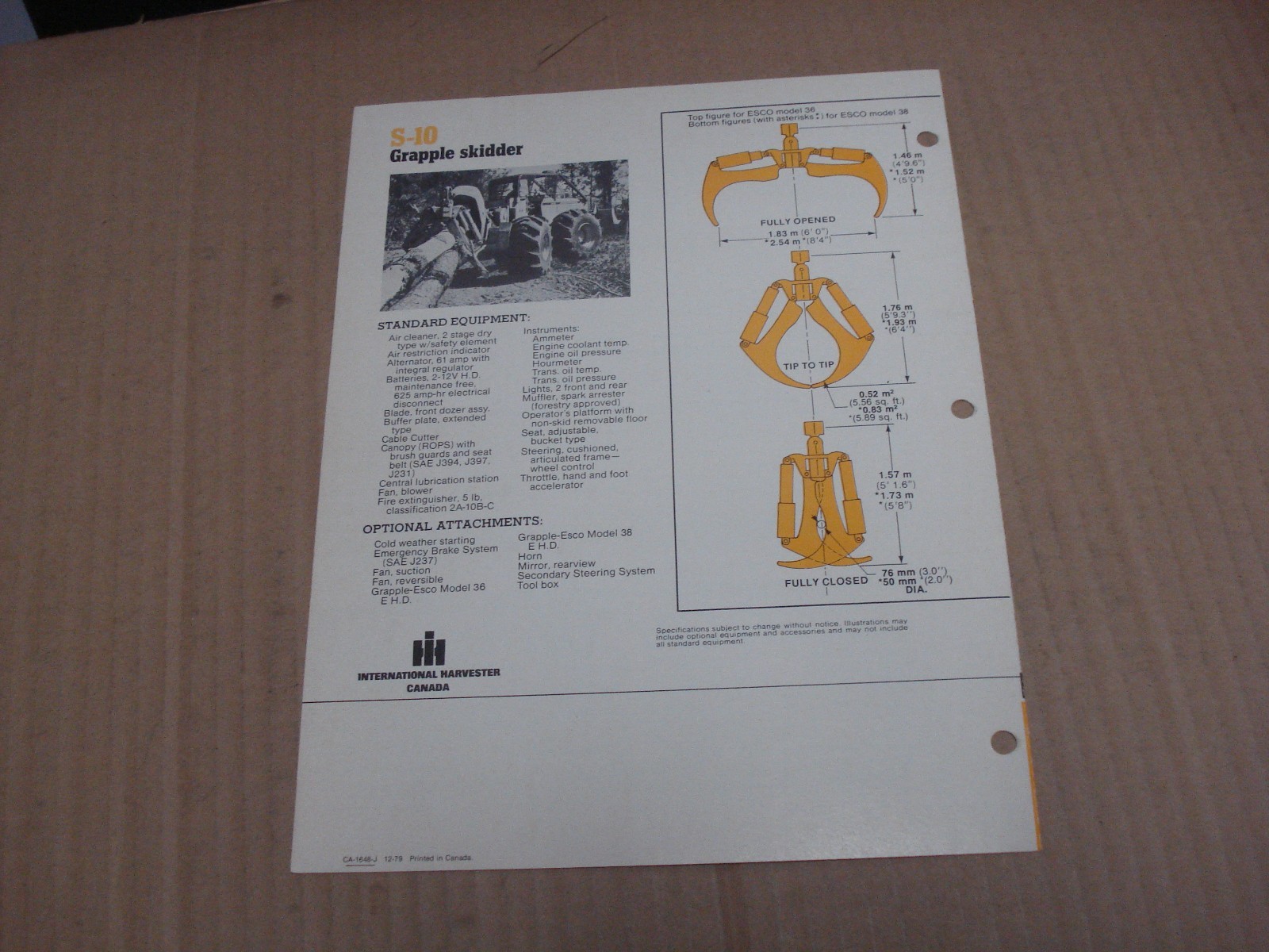 International S-10 Grapple Skidder Specifications Brochure 1979