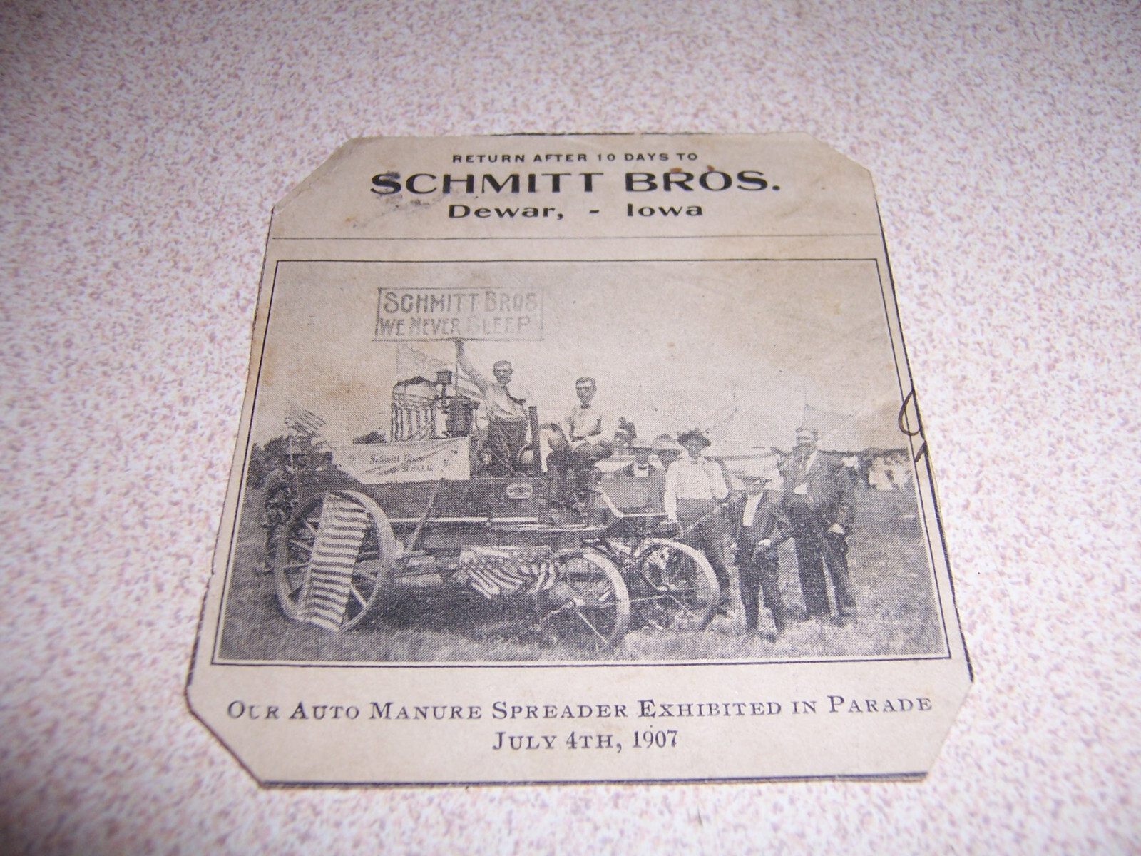 1907 SCHMITT BROS. DEWAR IOWA, TRACTOR MANURE SPREADER in PARADE