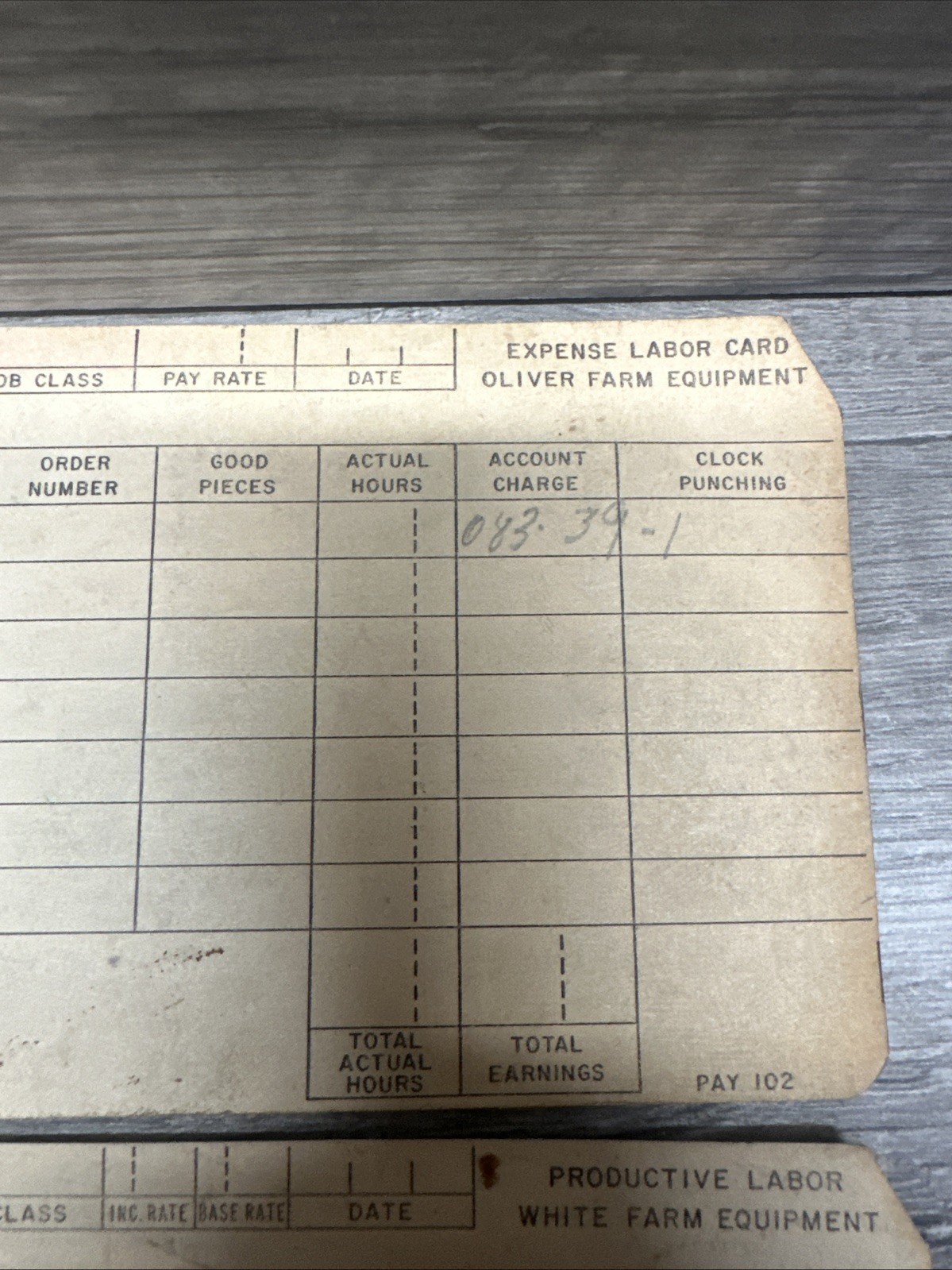 White Farm Equipment Co. & OLIVER Charles City, Iowa Employee Time Card