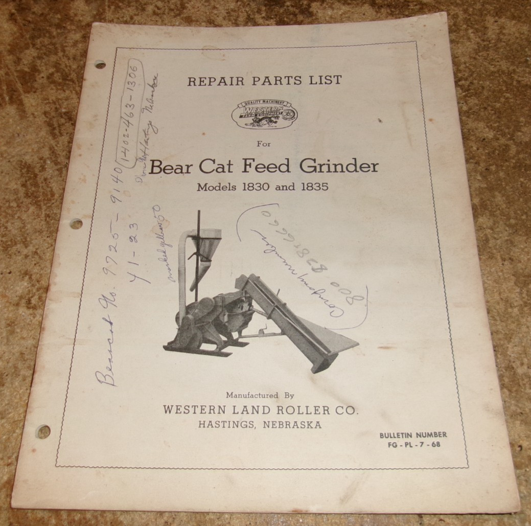 1968 bear cat 1830/1835 feed grinders repair parts list in good shape used
