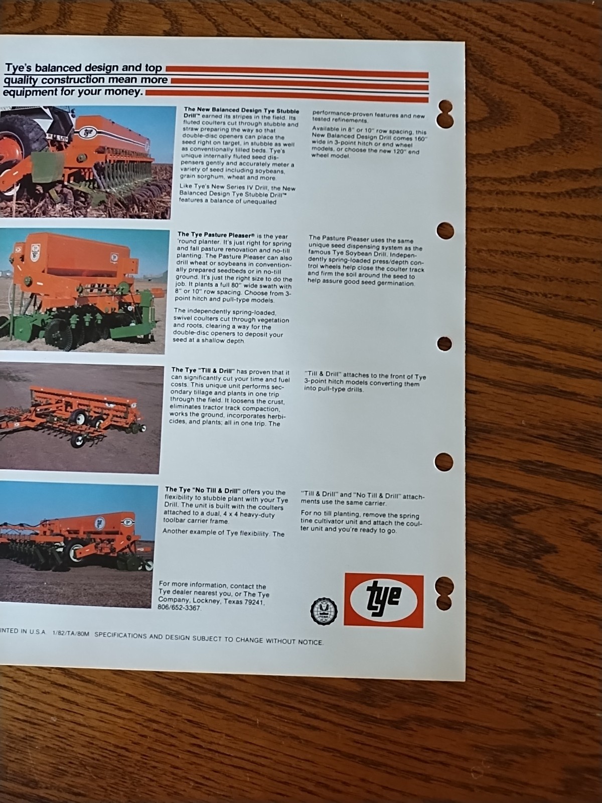 Vtg 1982 Tye Series IV Grain Drill Dealer Sales Brochure Features Bold Stripes
