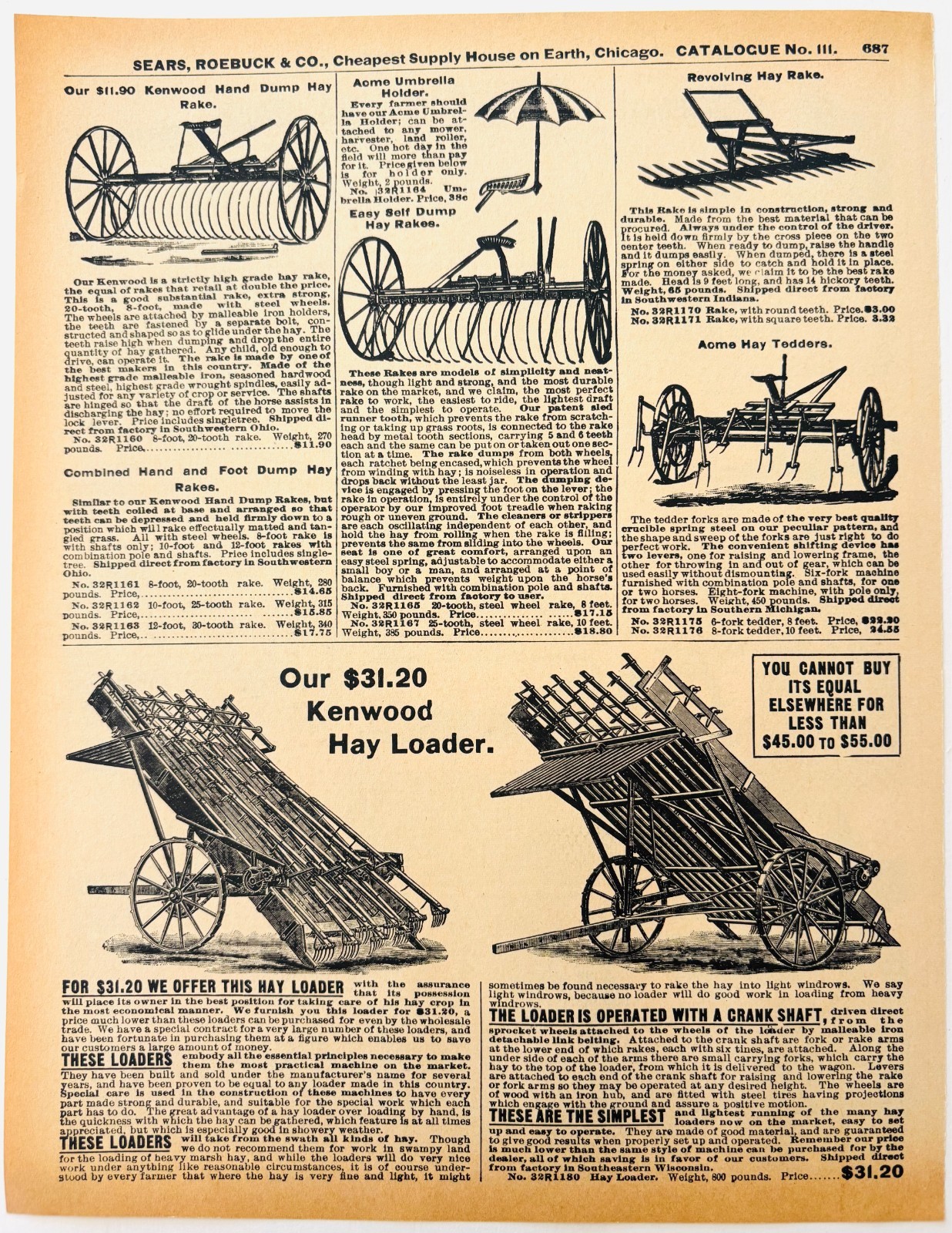 1901 Kenwood Hay Loader Rake Reproduction Advertisement Sears Agriculture DWU17D