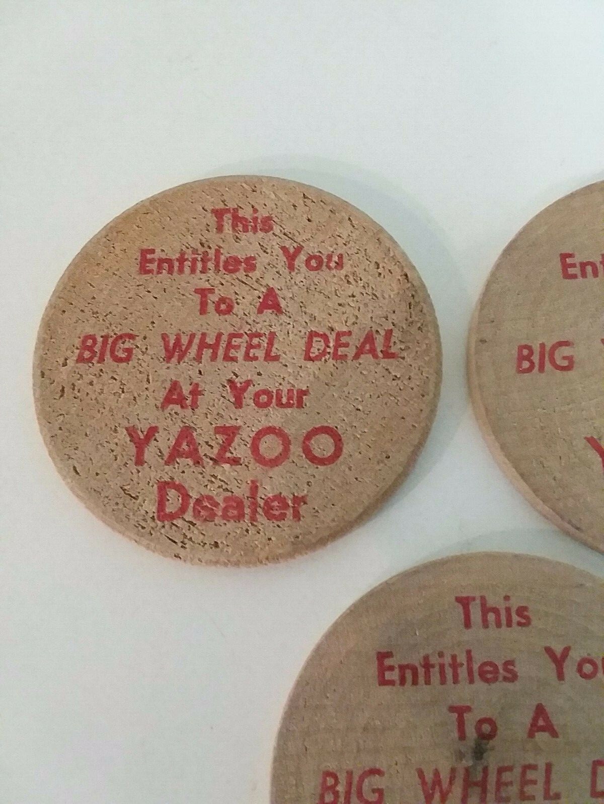 Lot of 3 Yazoo Mower Advertising Indian Wooden Nickel Big Wheel Deal Token Coins