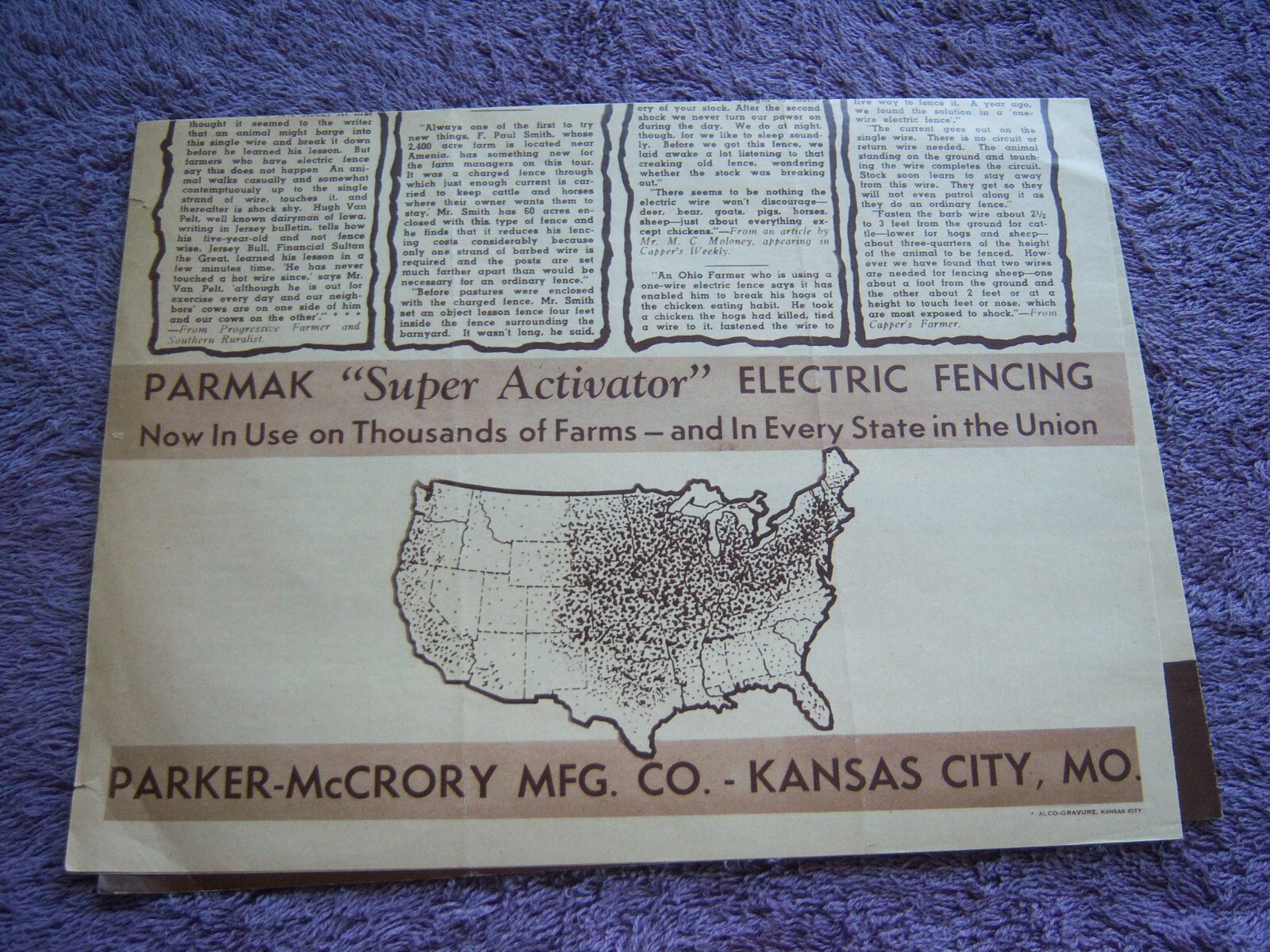 PARKER-McCRORY MANUFACTURING COMPANY ELECTRIC FENCING LETTERHEAD & ADVERTISEMENT