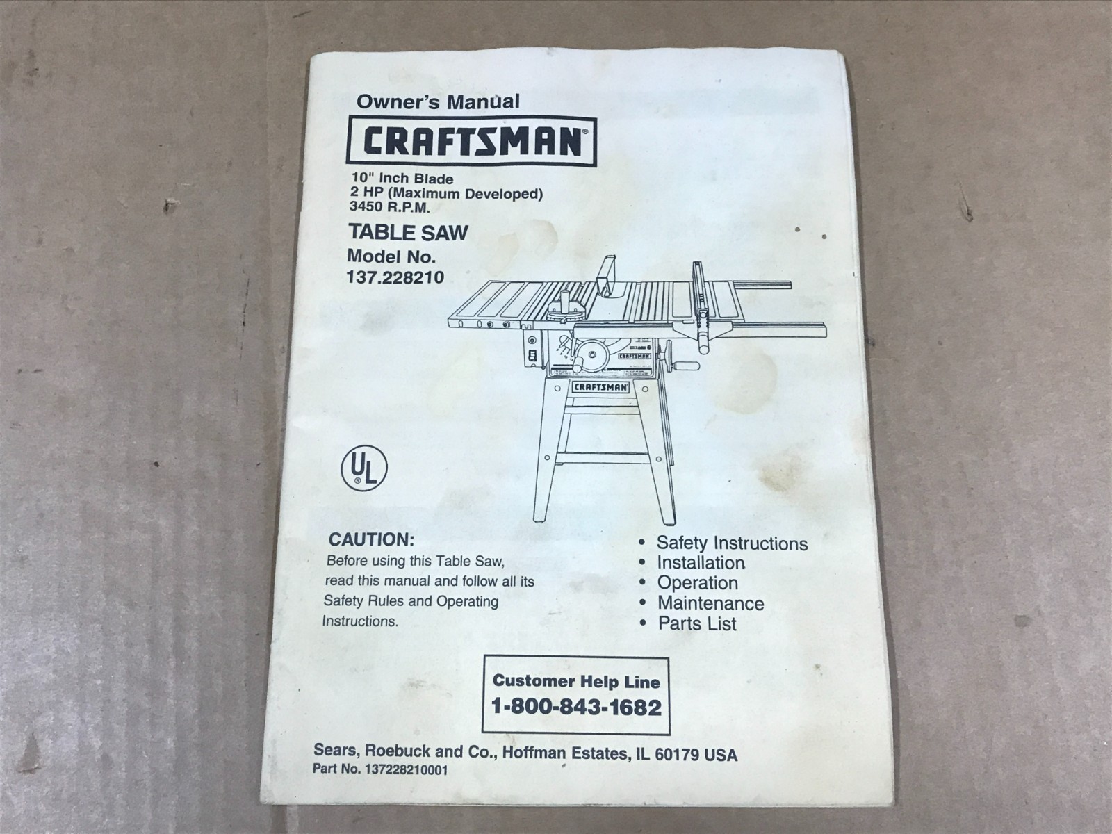 Vintage Craftsman 10&Prime; Blade Table Saw Manual – Model 137.228210