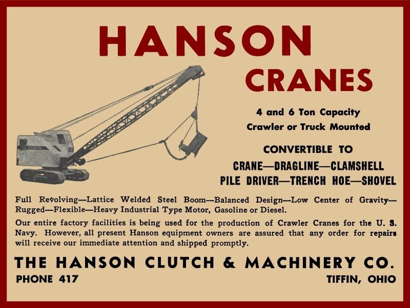1944 Hanson Clutch & Machinery Cranes Tiffin OH NEW METAL SIGN: 9×12&Prime; Ships Free