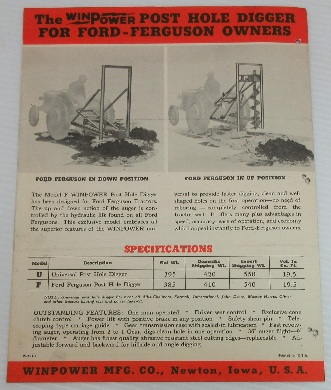 Vintage Winpower Posthole Digger Foldout Brochure