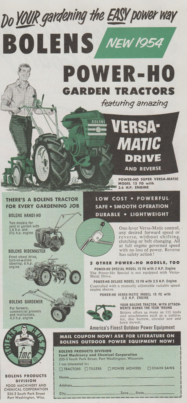 1954 Bolens Power-Ho Tractor – Walk Behind Garden Guy Gargening – Print Ad Art