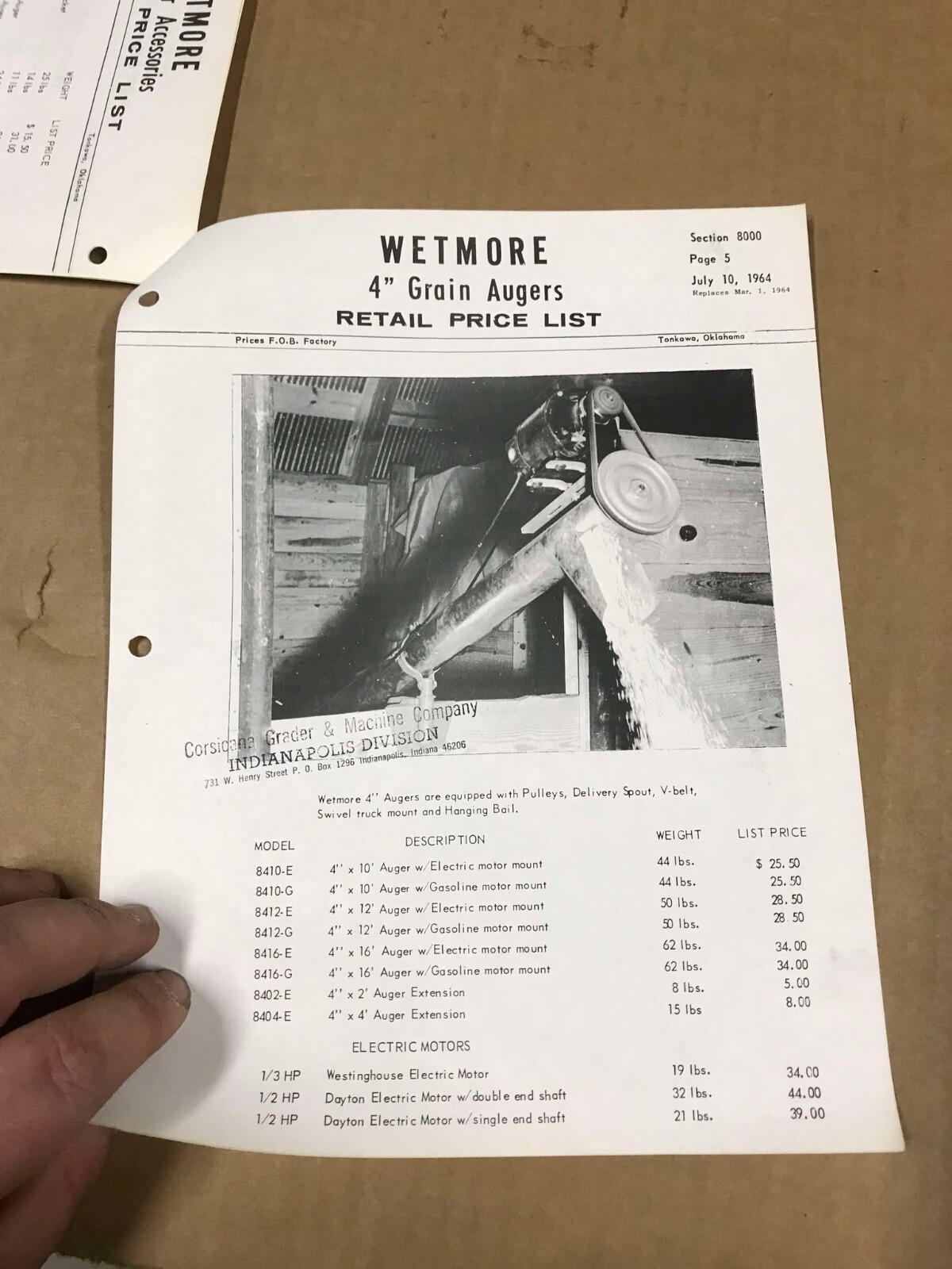 Vintage 1964 Wetmore 6&Prime; Grain Augers Retail Price List