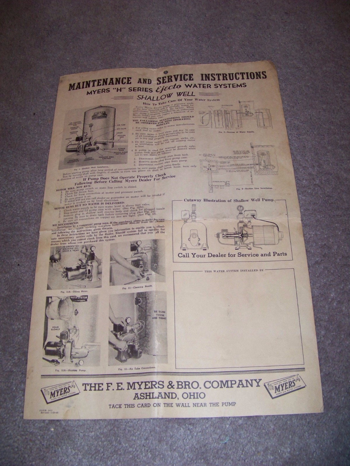 1946 Myers H Series EJECTO Water Systems MAINTENANCE and SERVICE INSTRUCTIONS