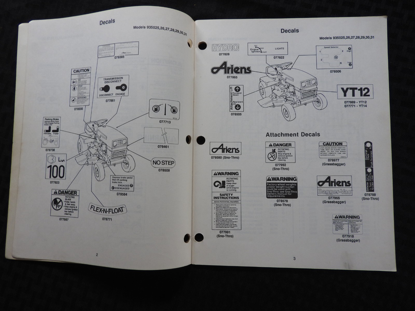 GENUINE ARIENS SIERRA 935 SERIES LAWN TRACTOR PARTS CATALOG MANUAL CLEAN 1990