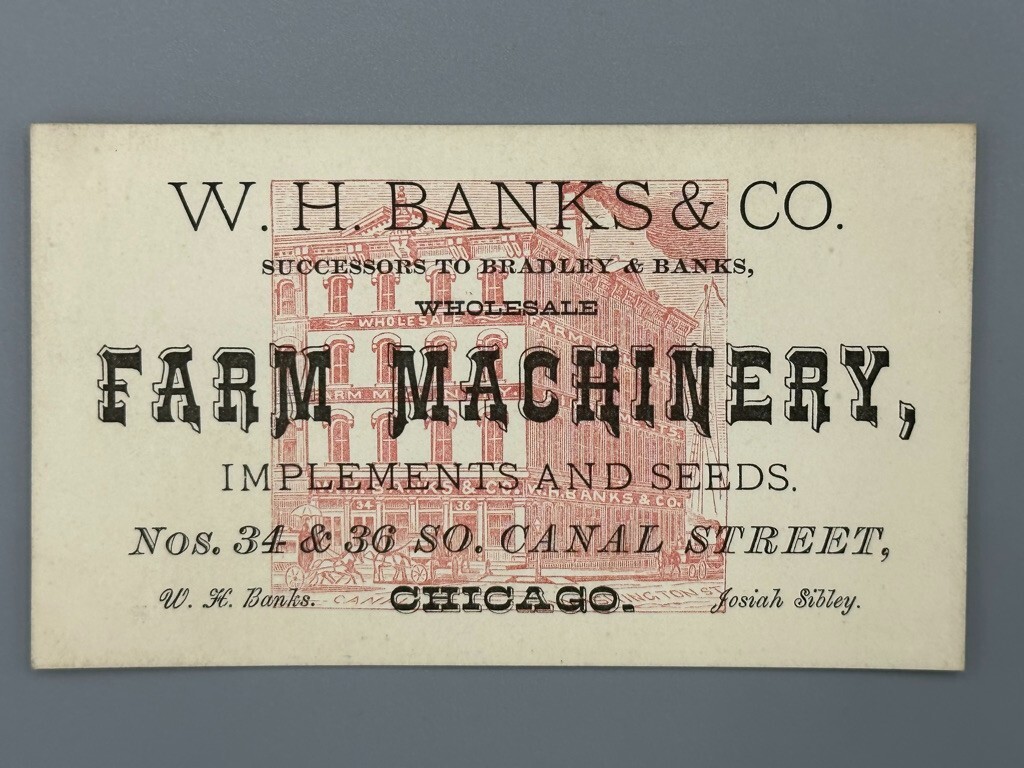 c 1900 W H Banks FARM MACHINERY Implements SEEDS Antique FARM Advertising Card