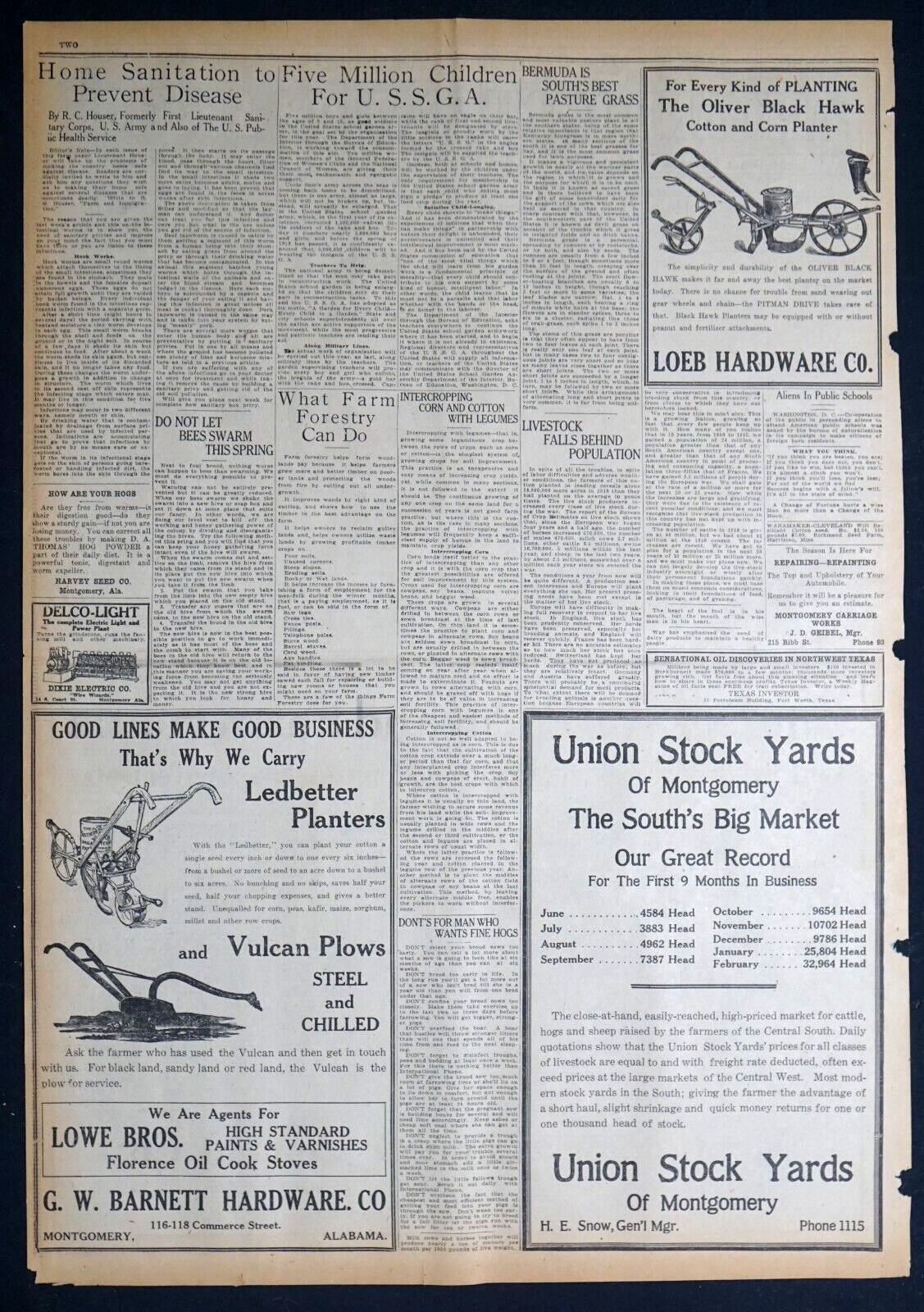 1919 Montgomery Alabama Newspaper Page – Ledbetter Planters & Vulcan Plow Ad