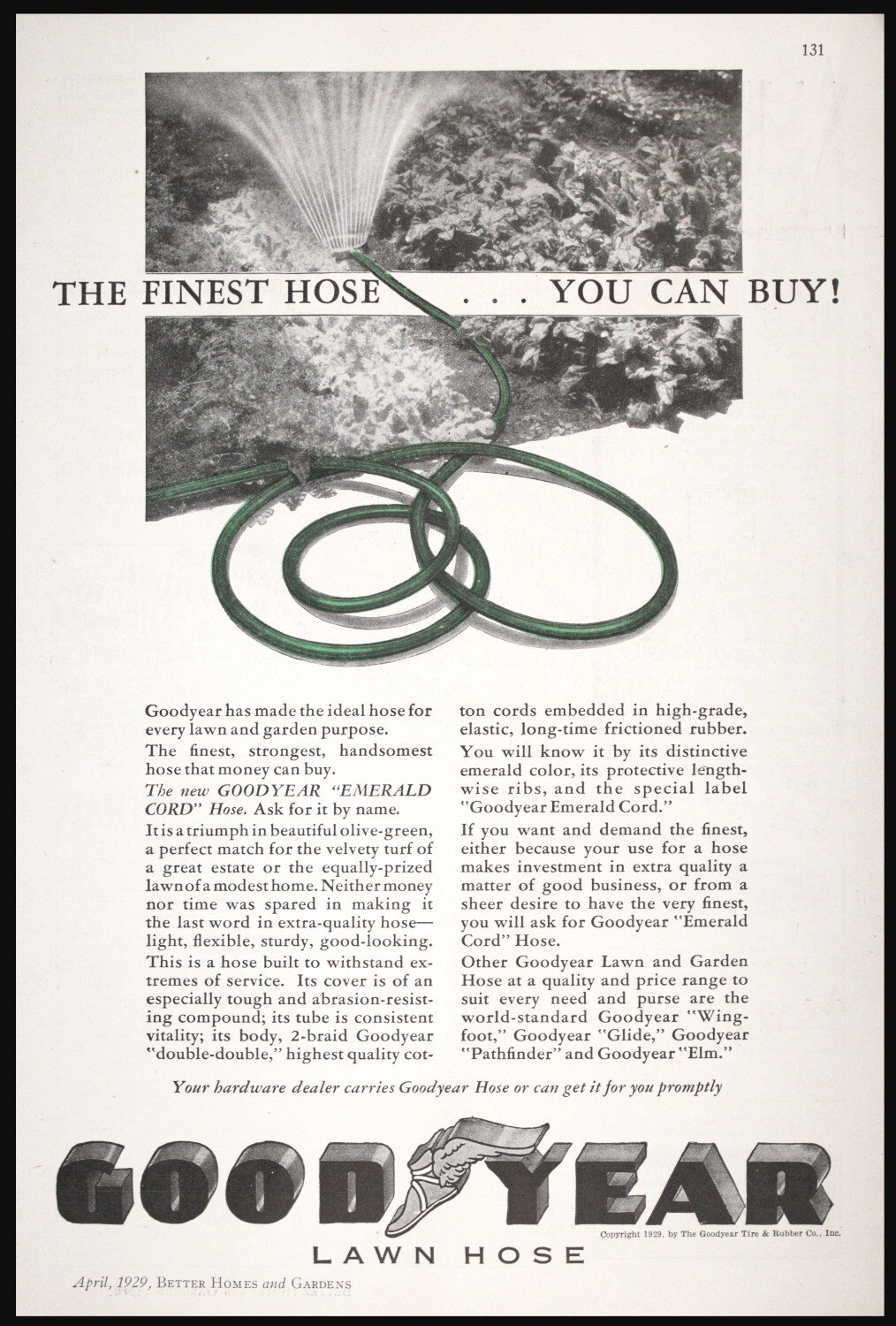 1929 GOODYEAR « Emerald Cord » Lawn Garden Hose Vtg Agriculture PRINT AD