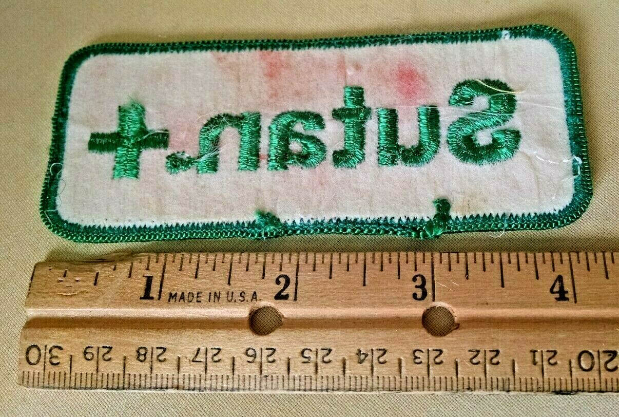 SUTAN PATCH GREEN TRIM LETTERING WHITE BACKGROUND VINTAGE HERBICIDE USED SUTAN+.