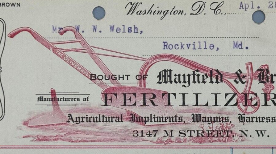 1908 OLIVER PLOW Washington DC Mayfield & Brown Antique Farm Advertising Receipt