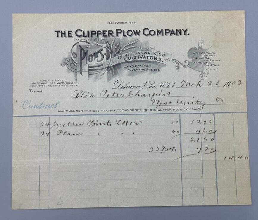 1903 CLIPPER PLOW Company Letterhead Bill Antique Farm Advertising DEFIANCE OHIO