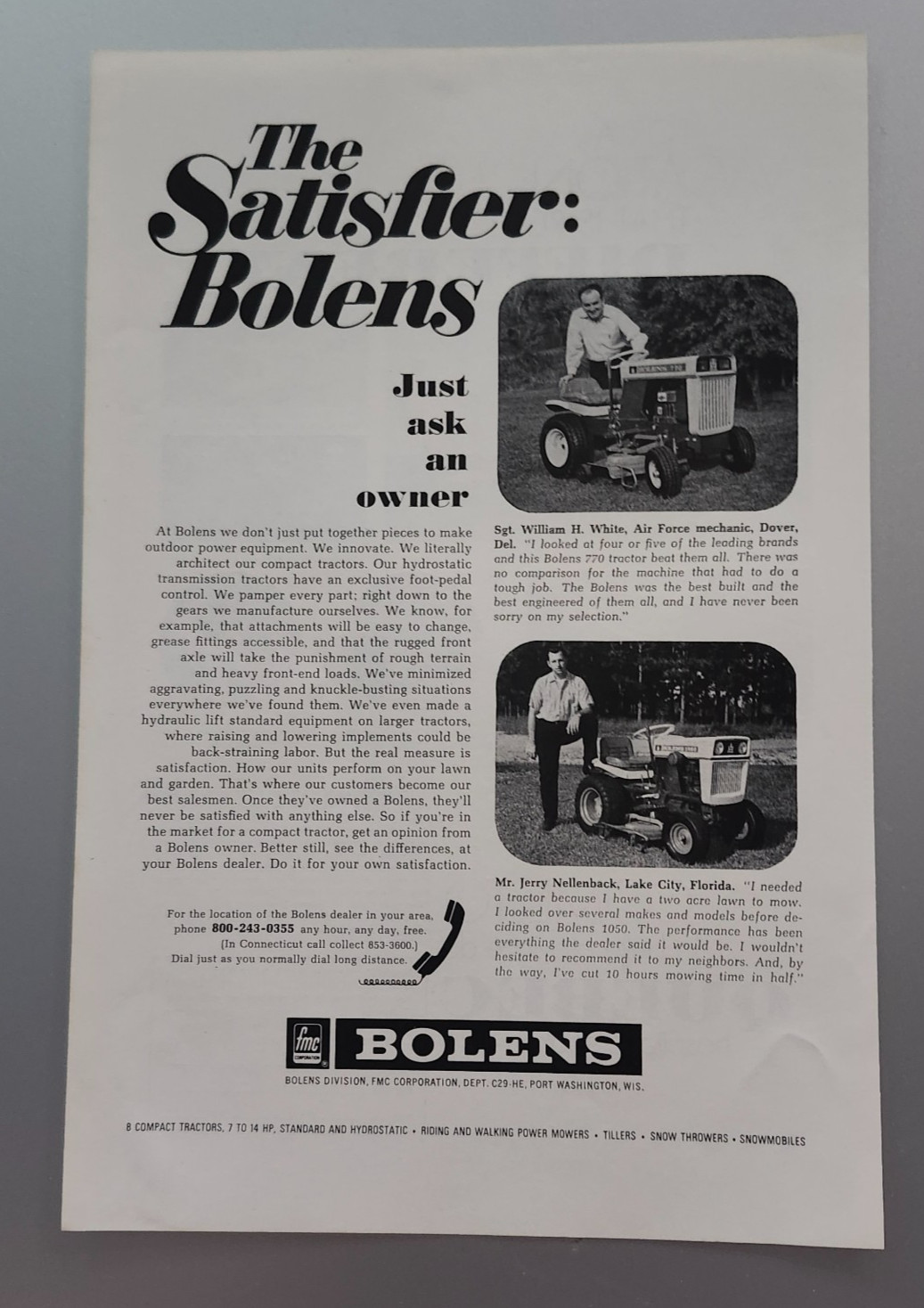 1969 Vintage Bolens Lawn and Garden Tractor Advertisement The Satisfier