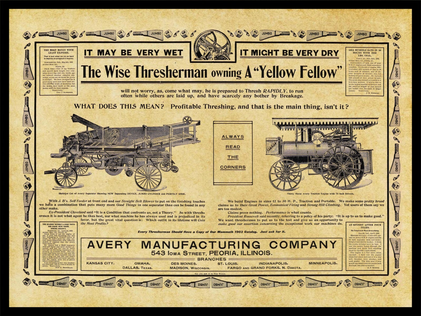 1903 Avery Traction Engine & Yellow Fellow NEW Metal Sign: Peoria, Illinois