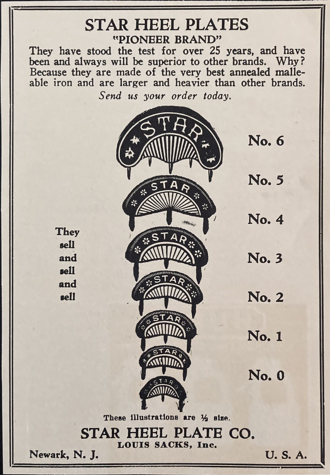 1929 AD.(XH55)~STAR HEEL PLATE CO. NEWARK, NJ. “PIONEER BRAND” HEEL PLATES