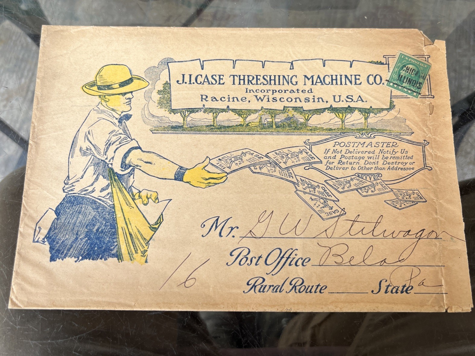 Antique J.I. Case Steam Tractor Engine Envelope, Bela Pa. Clarion Co., Farmer