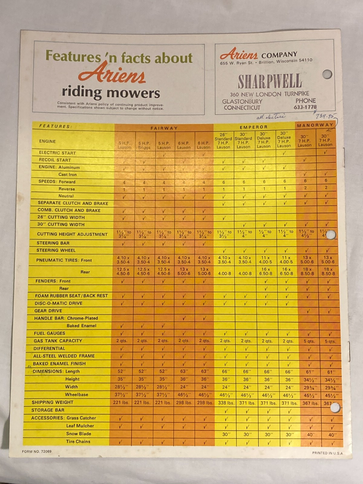 1969 Ariens Riding Mower Tractors Brillion, Wisconsin, Mower Tractor Catalog