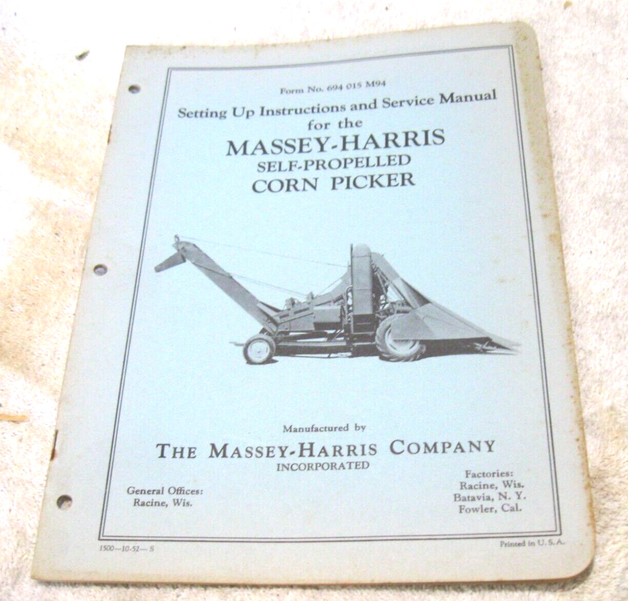 VTG 1952 MASSEY HARRIS TRACTOR CORN PICKER SEVICE MANUAL FORM # 694 015 M94