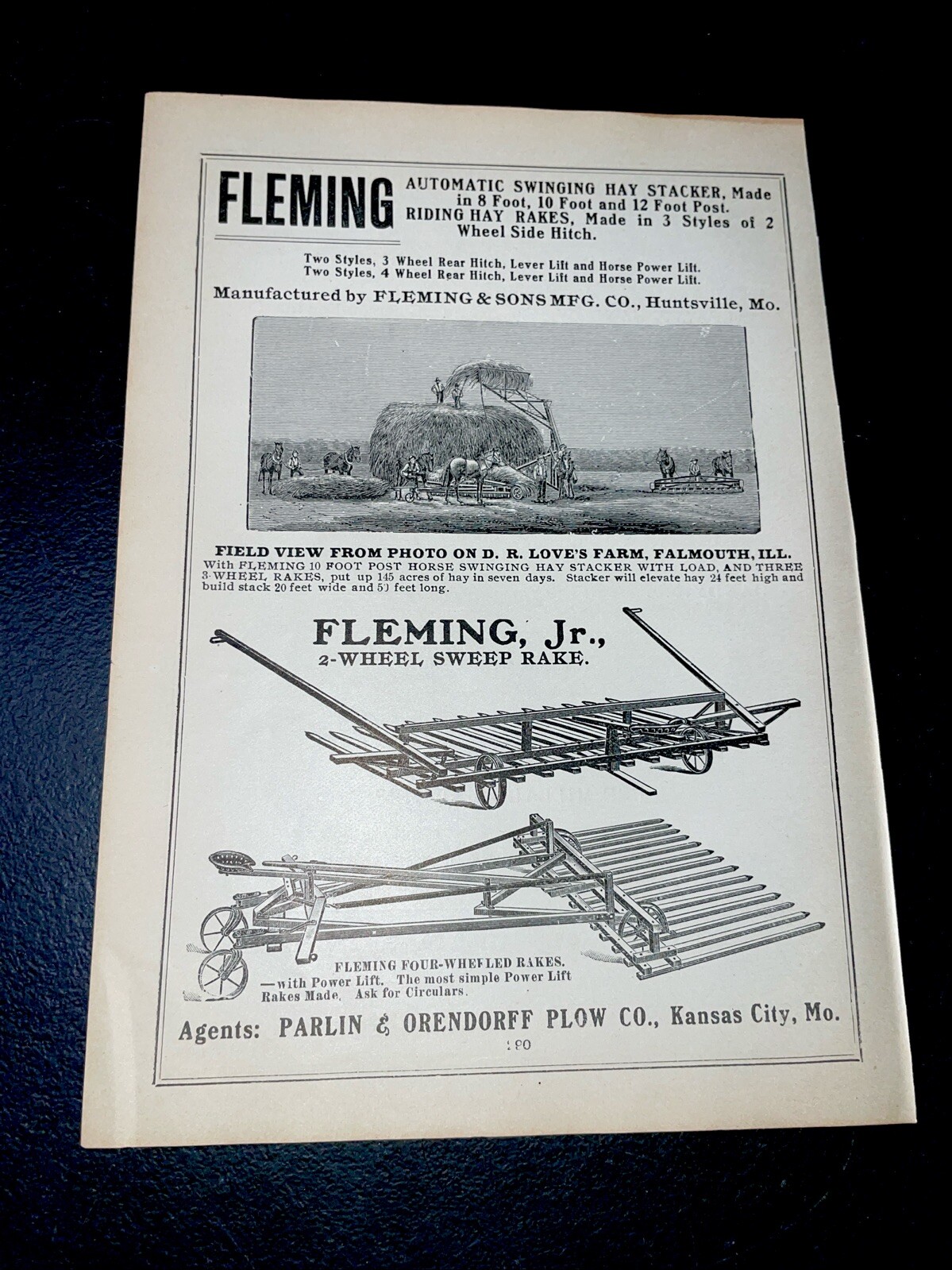 ORIGINAL 1907 Fleming Rake Farm Implement Advertising – Huntsville, MO