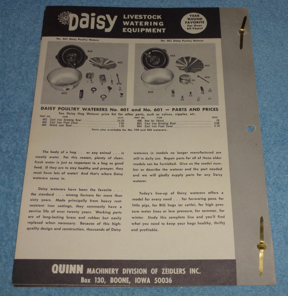 Vtg Daisy Livestock Watering Equipment Parts Price List 1969 Quinn Boone Iowa