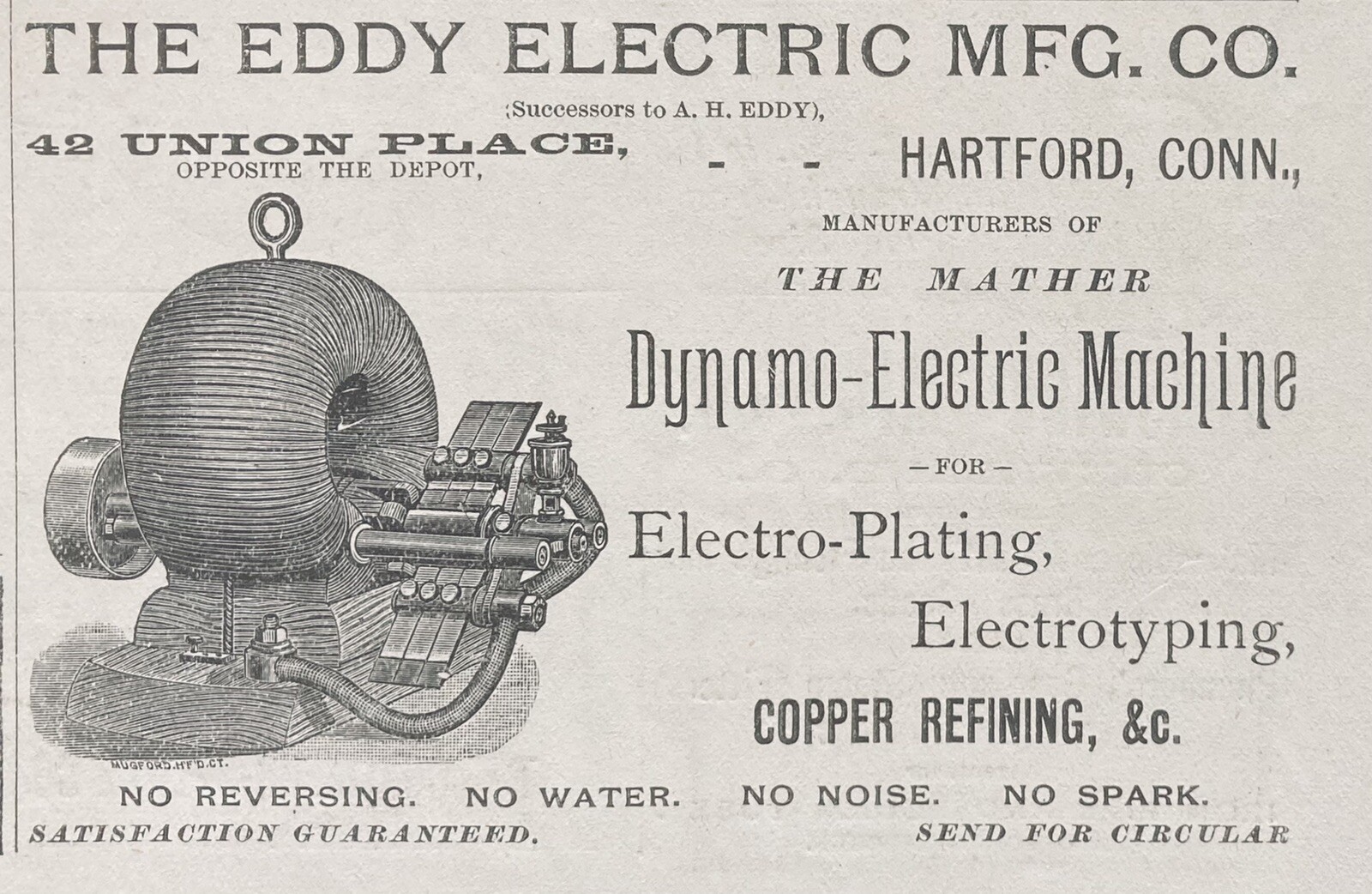 1888 AD.(XH7)~EDDY ELECTRIC MFG. CO. HARTFORD, CONN. DYNAMO-ELECTRIC MACHINE