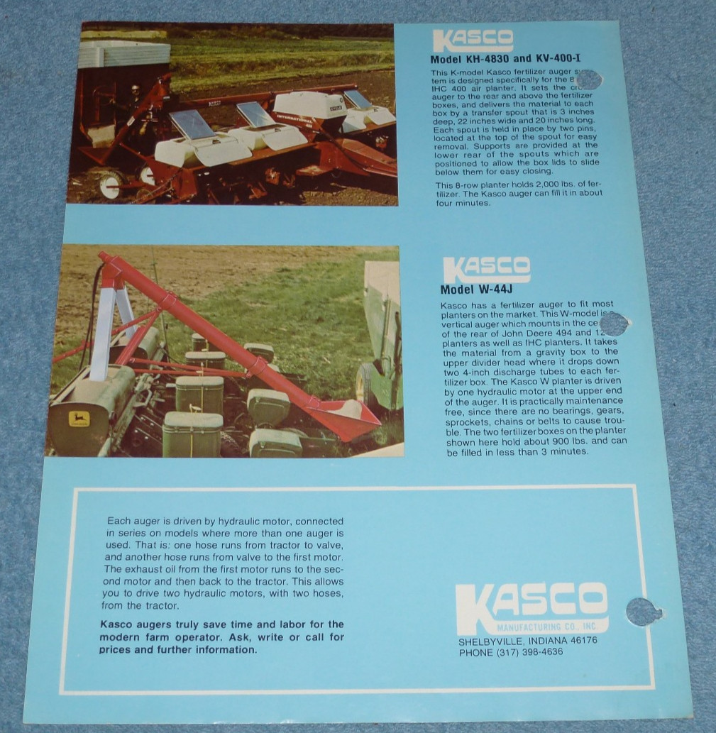Vintage Kasco Mfg Co Planter Auger Farm Equipment Brochure Sheet Shelbyville IN