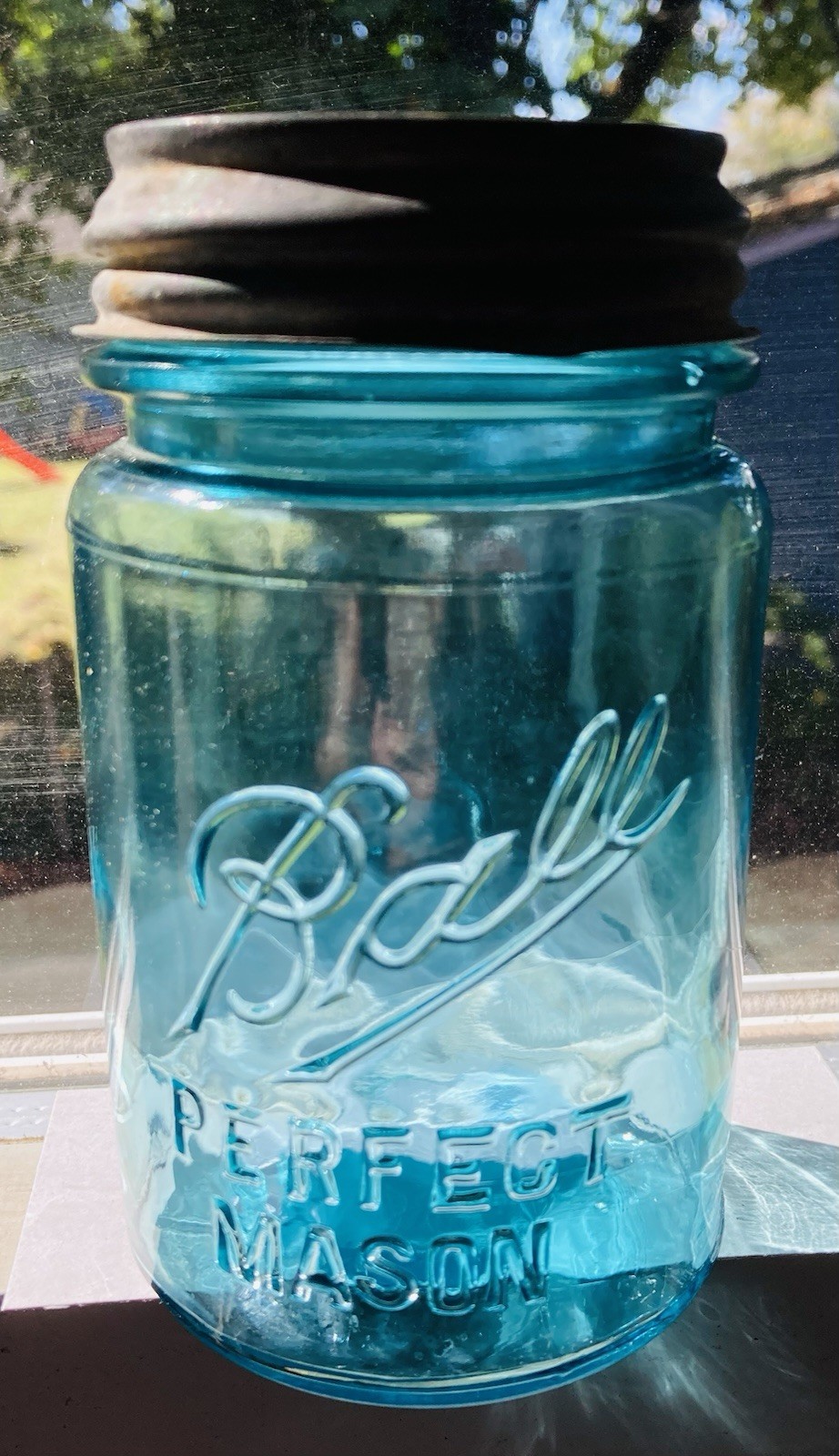 BLUE PINT C.1910-23 BALL “PERFECT MASON” JAR #9~5.25”H IN VG CONDITION
