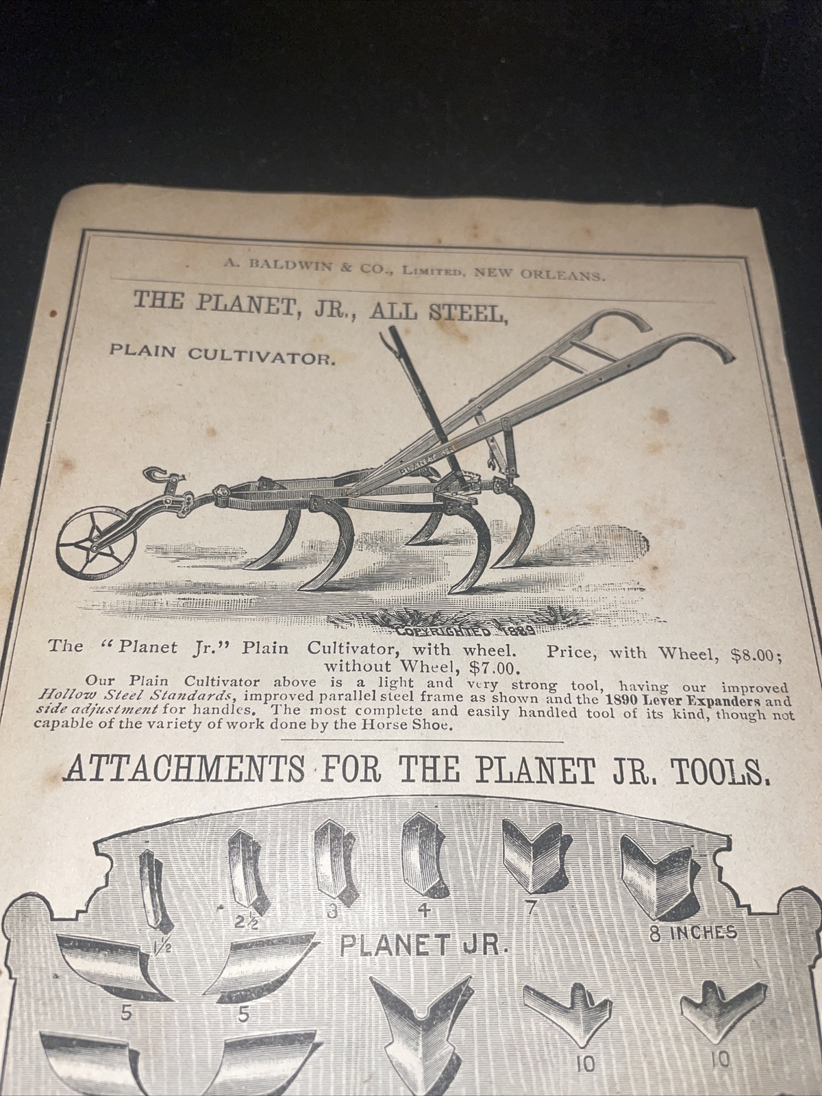 1891 Baldwin – Planet Jr. Cultivator Farm Advertising – New Orleans – LA