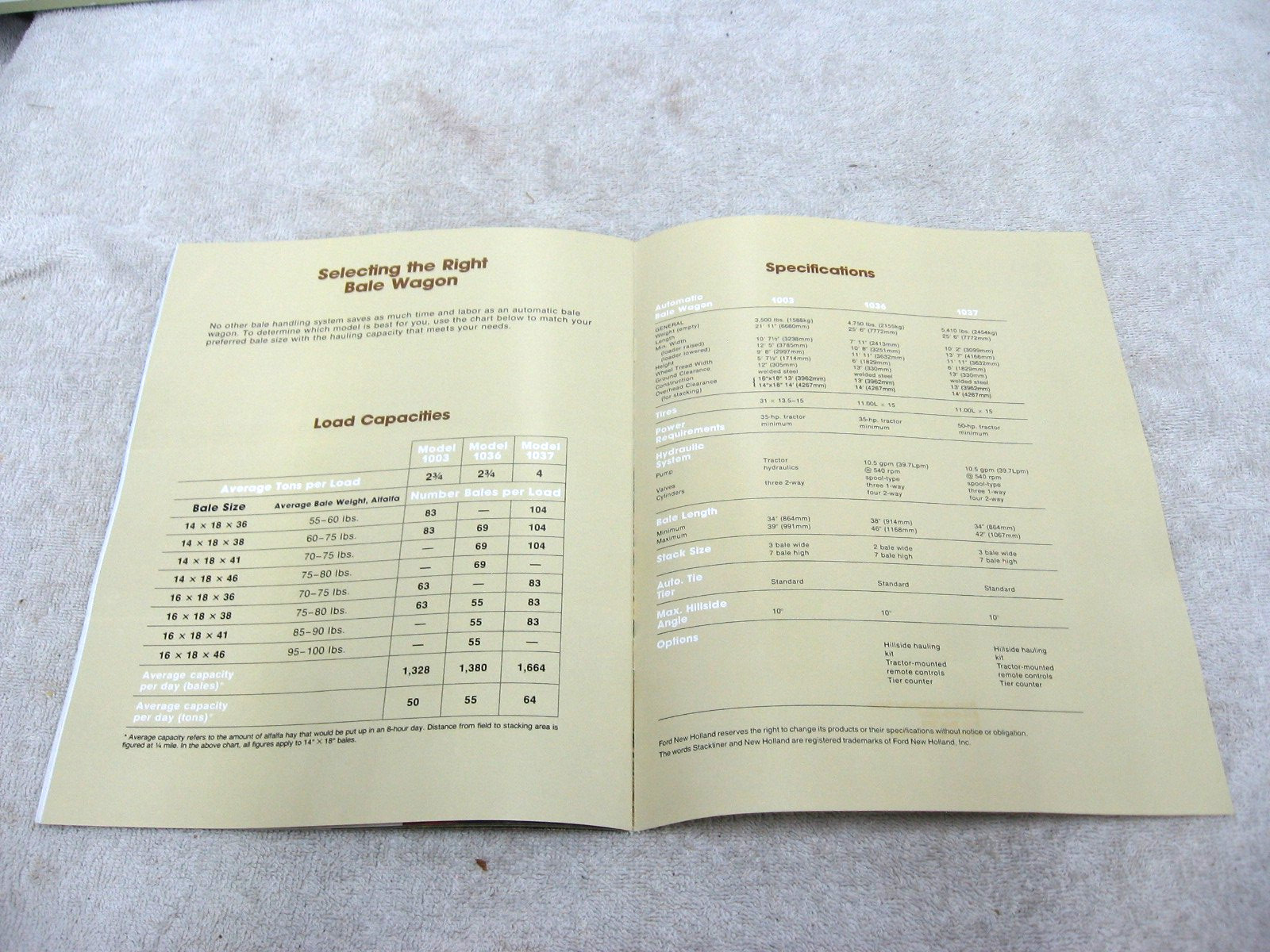 1988 FORD NEW HOLLAND TRACTOR PULL TYPE BALE WAGON BROCHURE 1003 1036 1037