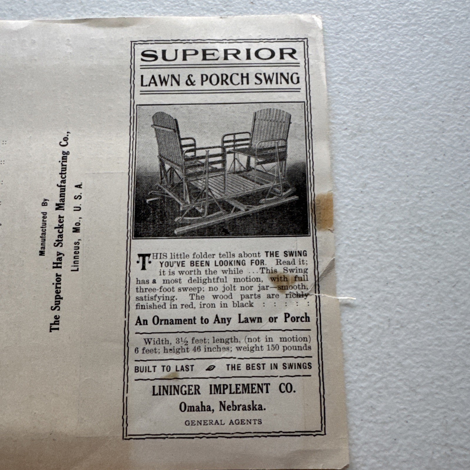 The Superior Hay Stacker Manufacturing Co. Superior Lawn & Porch Swing Pamphlet