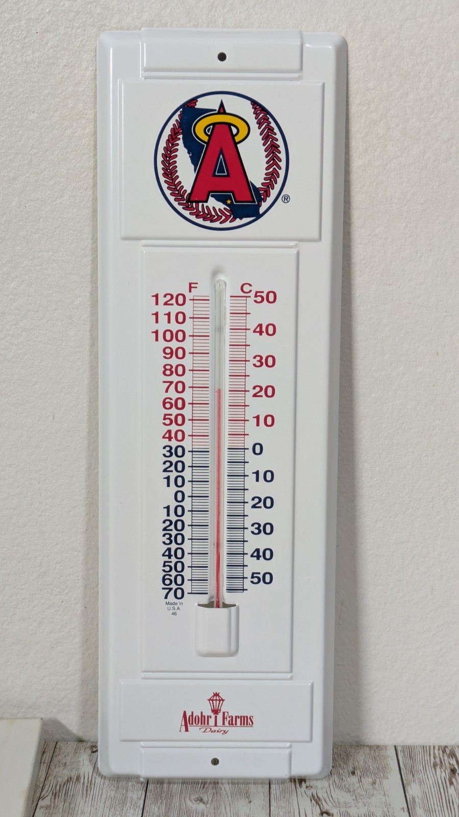 Vintage CALIFORNIA ANGELS Promotional THERMOMETER with ADOHR FARMS DAIRY USA