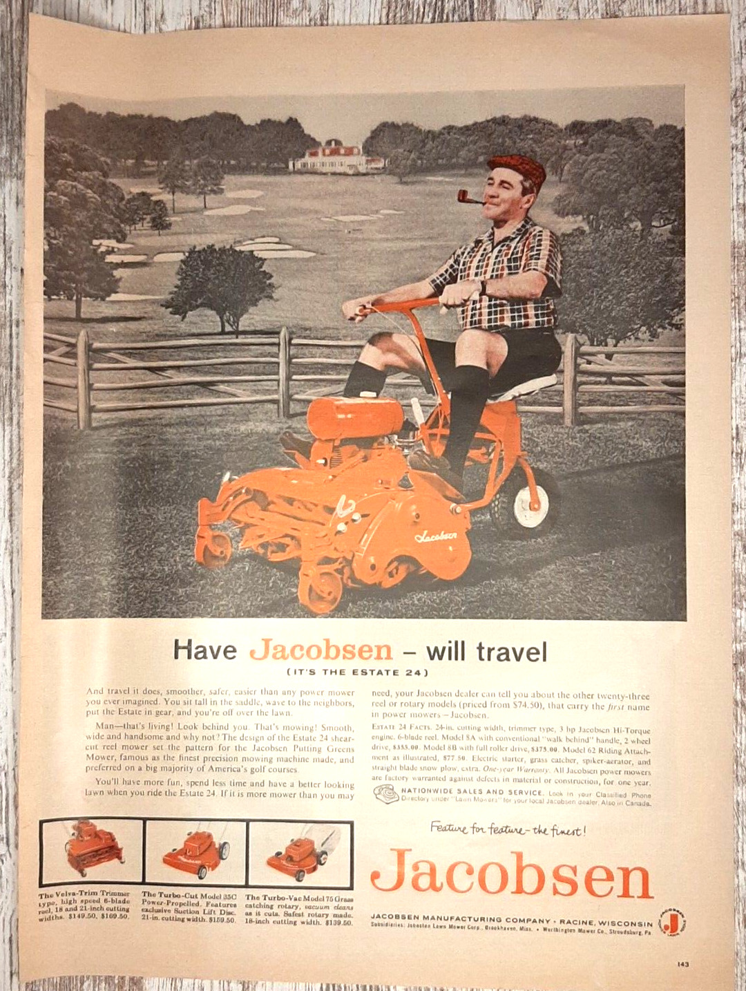 1959 Jacobsen Vintage Print Ad Riding Lawn Mower Estate Man Cap Pipe Racine WI