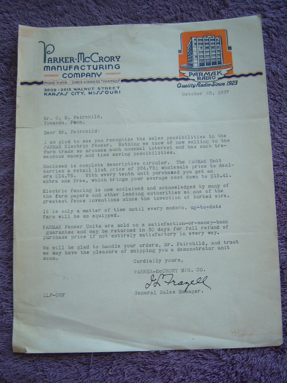 PARKER-McCRORY MANUFACTURING COMPANY ELECTRIC FENCING LETTERHEAD & ADVERTISEMENT