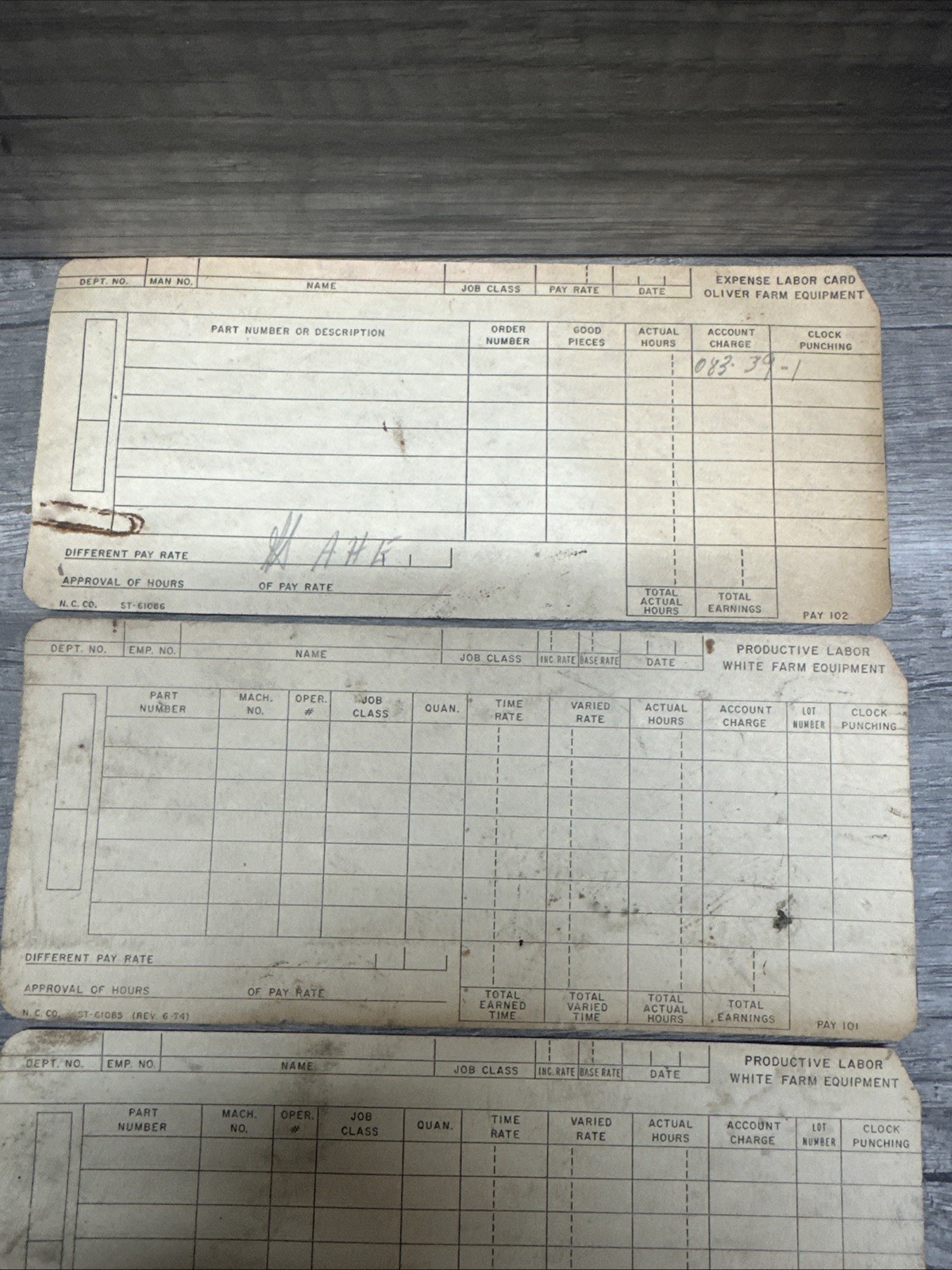 White Farm Equipment Co. & OLIVER Charles City, Iowa Employee Time Card