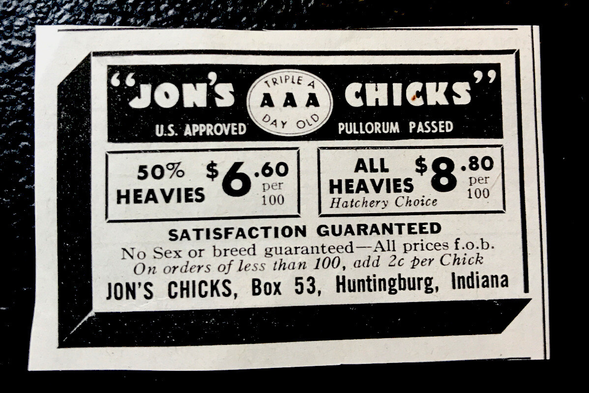 ORIGINAL 1935 Jon’s Chicks – Chicken Farm Advertising – Huntingburg – Indiana