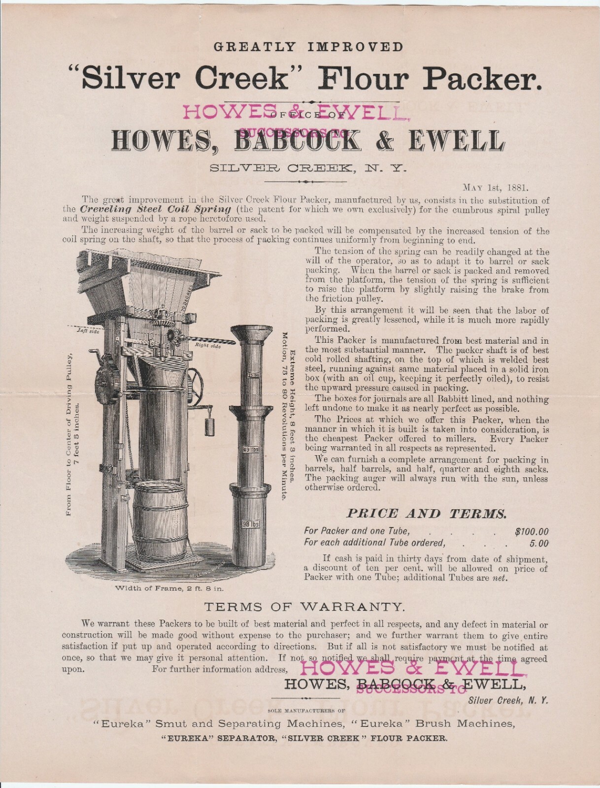 SUPER 1883 Advertising Cover Letterhead& Brochure Eureka Machine Silver Creek NY