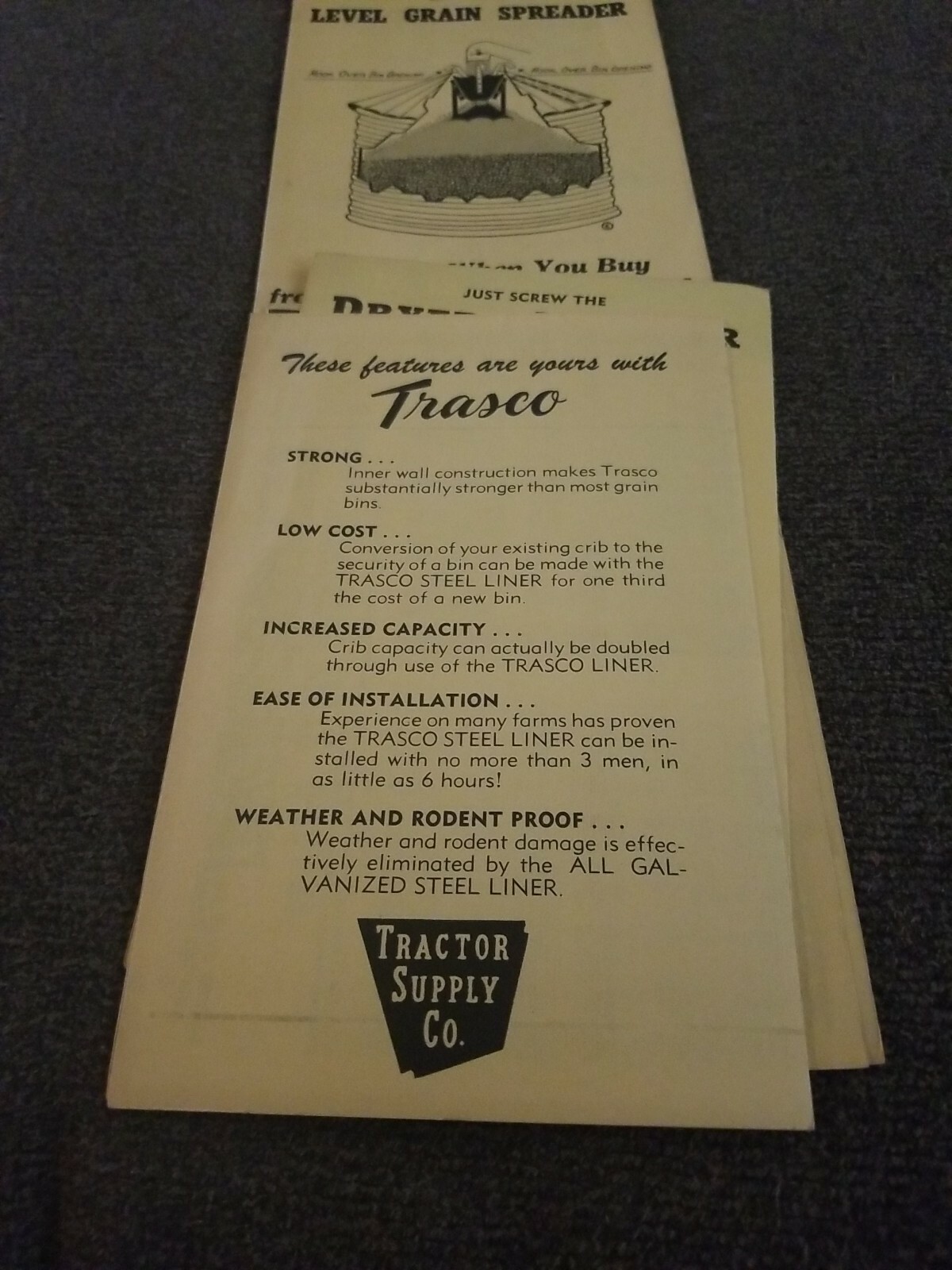 Trasco Grain Bin storage pamphlets. Lot of 4. 1950&rsquo;s 1960&rsquo;s. Tractor Supply. S1