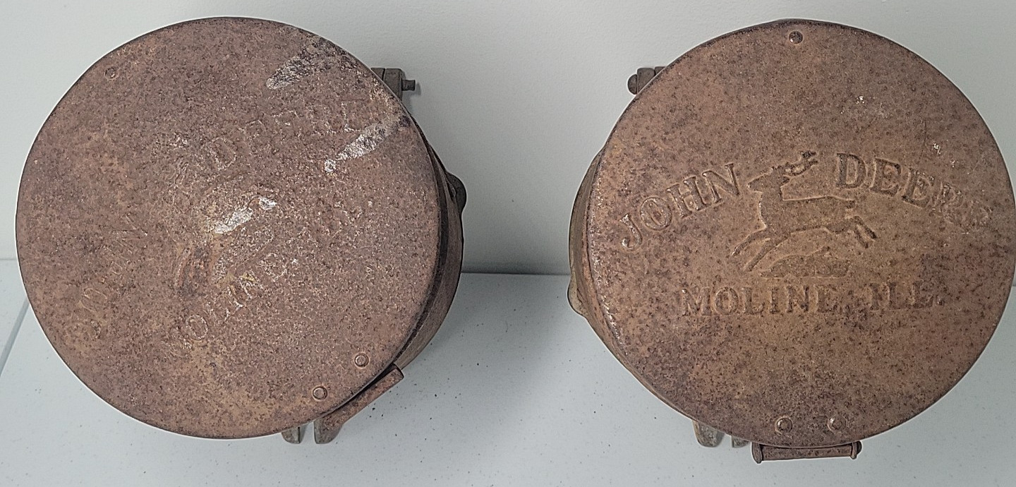 Pair of Antique John Deere Moline ILL Cast Iron Corn Planter Seed Boxes (G5B)