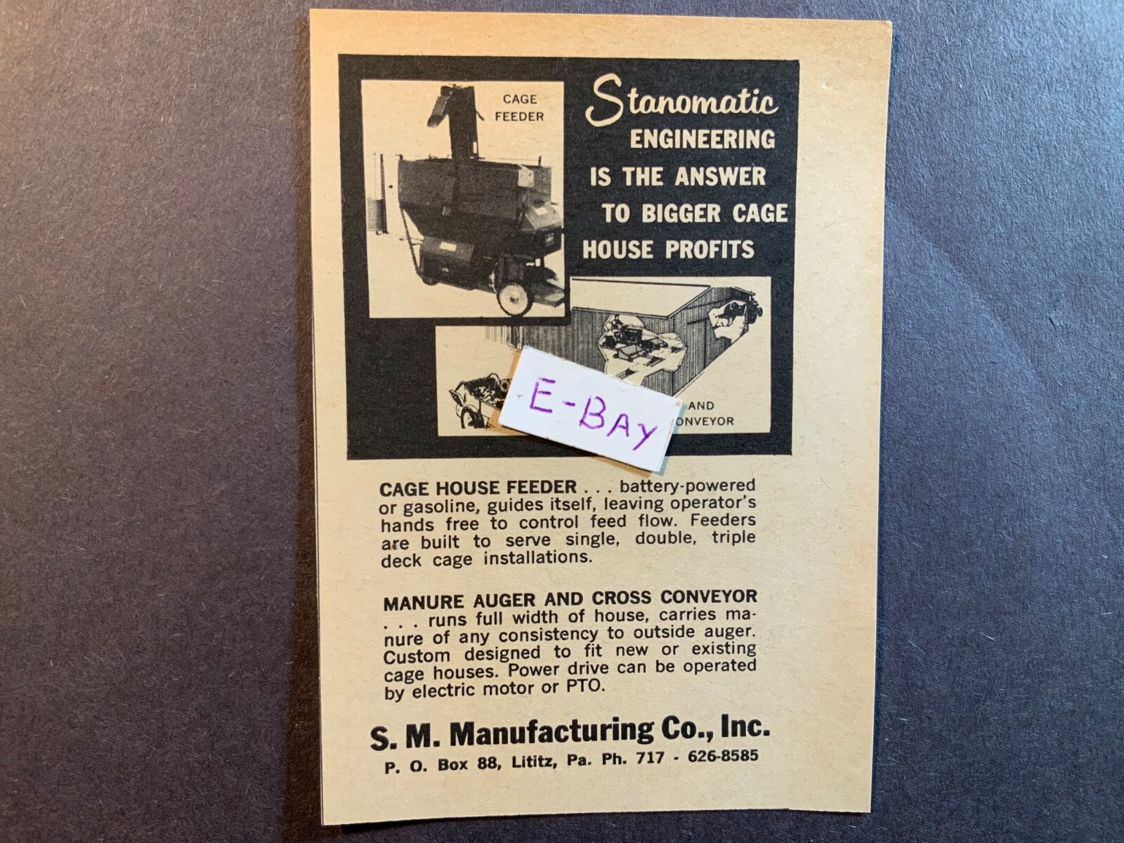 1967 Vintage Ad. S. M. Manufacturing. Lititz, PA. Stanomatic Cage Feeder