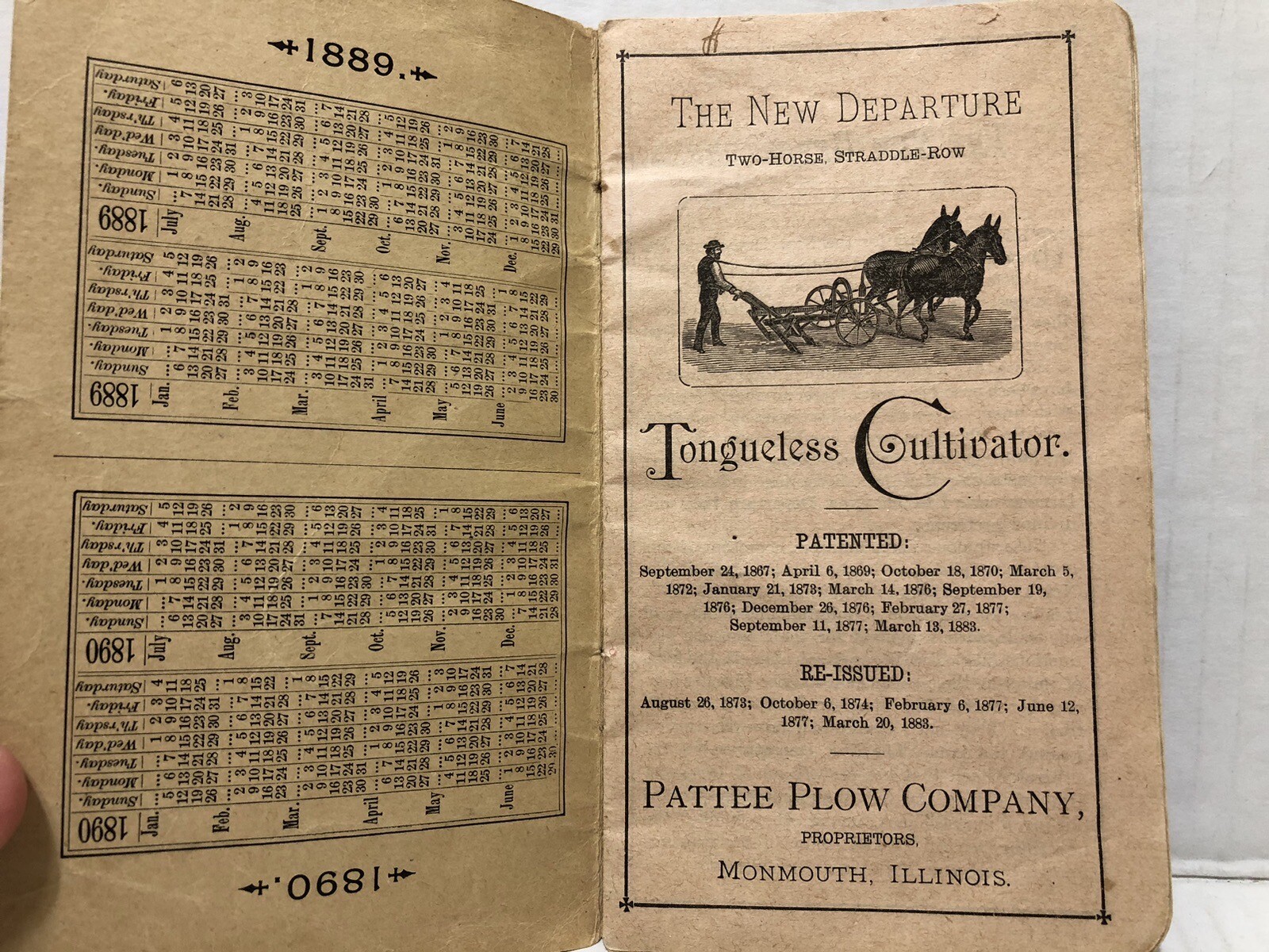 1889 New Departure Walking Cultivator PATTEE PLOW Monmouth – CORTLAND Nebraska